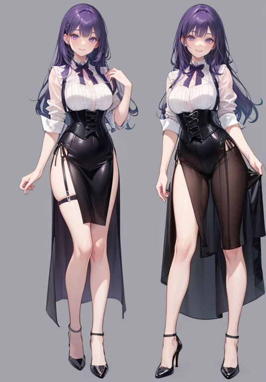 Purple hair,long hair,Adult female,Bartender,((Body harness)),((Rolling up your sleeves shirt)),Clothes with an open chest,See-through clothing,(Corset),(skirt),(slit),High heels,((Simple background)),Smile,((Full body)),((whole body)),Character Sheet,