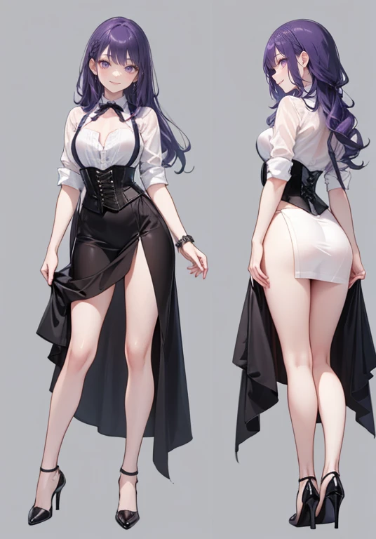 Purple hair,long hair,Adult female,Bartender,((Body harness)),((Rolling up your sleeves shirt)),Clothes with an open chest,See-through clothing,(Corset),(skirt),(slit),High heels,((Simple background)),Smile,((Full body)),((whole body)),Character Sheet,