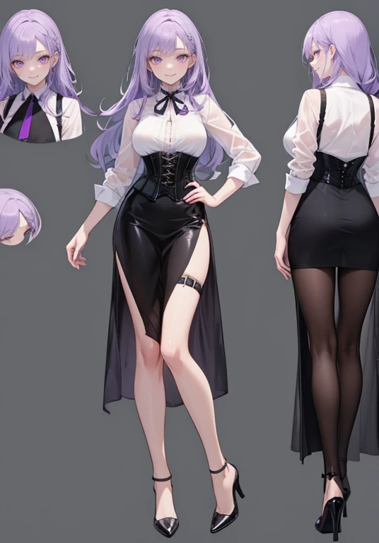Purple hair,long hair,Adult female,Bartender,((Body harness)),((Rolling up your sleeves shirt)),Clothes with an open chest,See-through clothing,(Corset),(skirt),(slit),High heels,((Simple background)),Smile,((Full body)),((whole body)),Character Sheet,