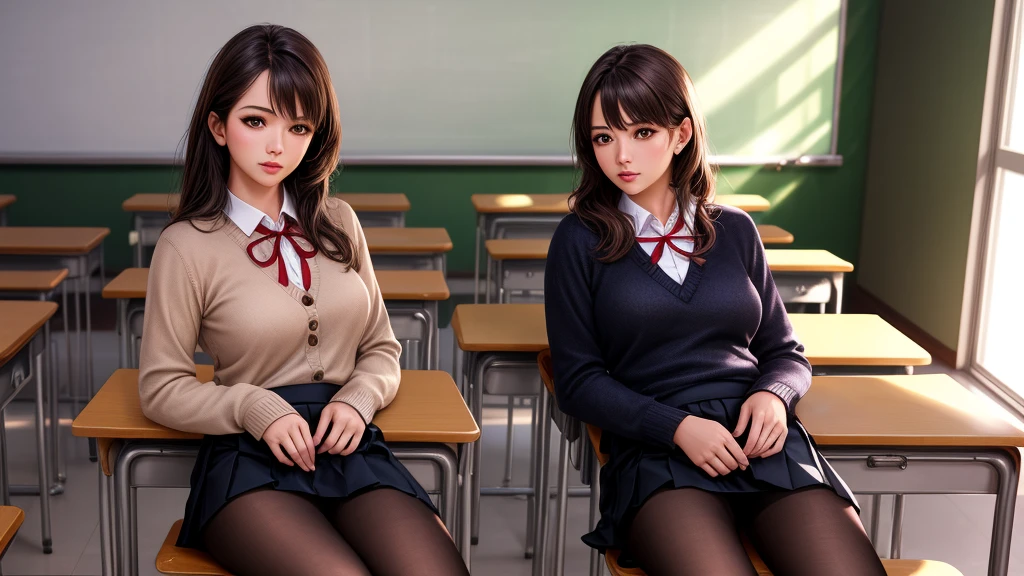 highest quality, Ultra-high resolution, classroom, (Realistic:1.4), One girl, Brown eyes, Brown Hair, fix, Red ribbon, Sweater button up, Pleated skirt, pantyhose