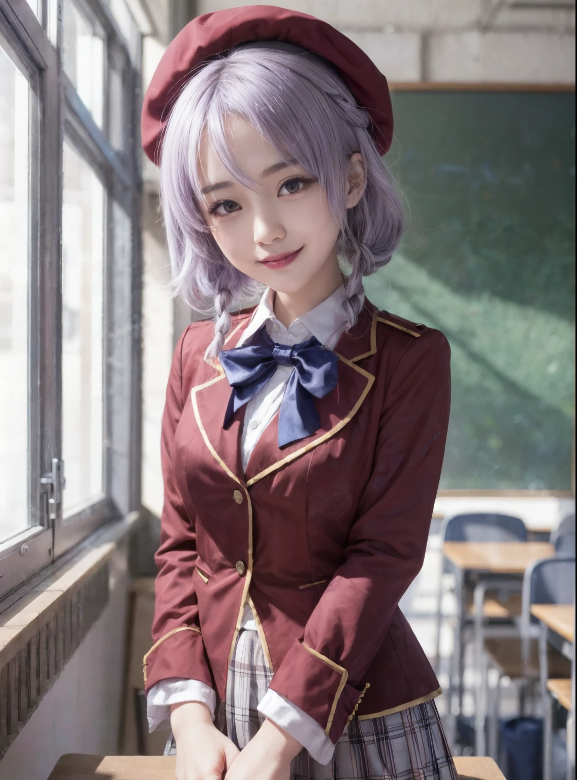 Masterpiece, hd, 1girl, realistic, cosplayer, Asian girl, light purple hair, medium hair, purple eyes, braided hair, wear black head beret, ayanokoji, uNIform, red blazer,closed jacket,  white collared shirt, blue bowtie, standing, indoor, smile, classroom