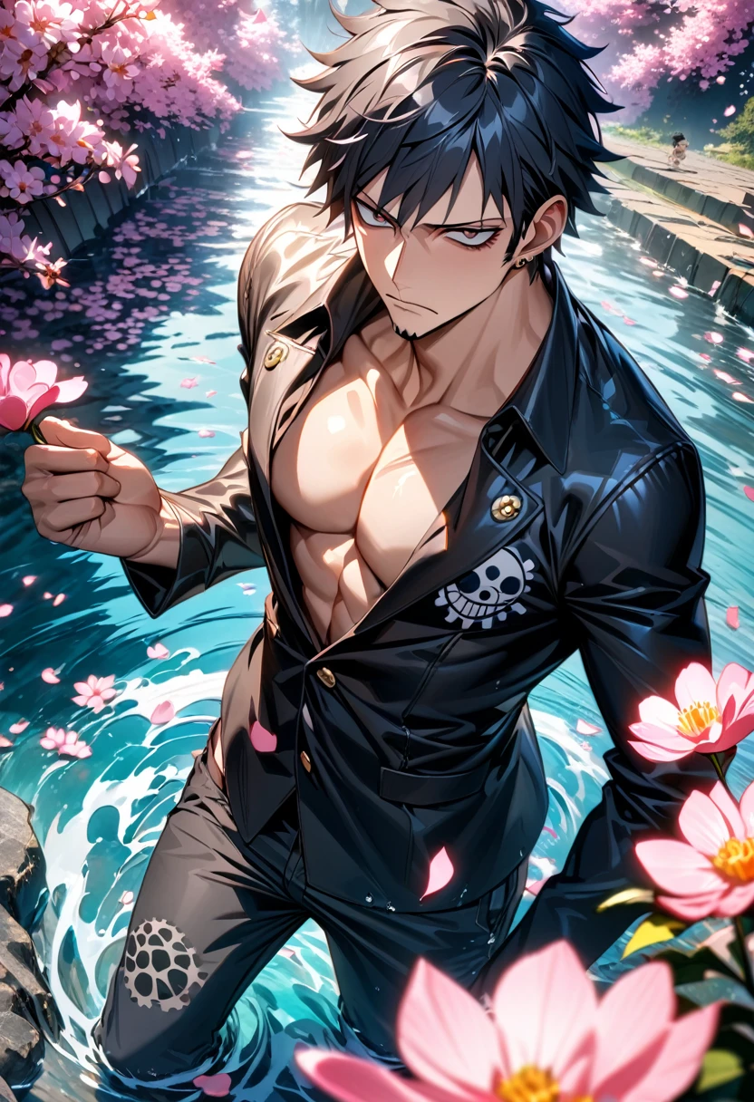 absurdres, highres, ultra detailed, HDR, masterpiece, Trafalgar D Water Law, black hair, expressive gray eyes, One Piece, black coat, solo, sexy man, handsome, water, blossoms, pink butterflies, pink flowers
