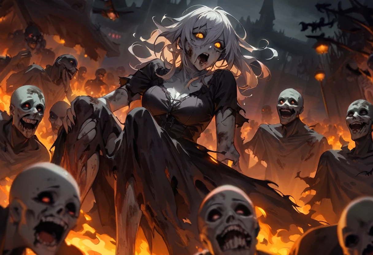 High resolution, masterpiece, high quality, Ghoul, torn skin, White, thin hair, dress, Attack, Looking Camera,Muddy, Night Theme Park, Midnight, Dark atmosphere,Spooky lighting,Multiple zombies,Bite,Open your mouth,fire