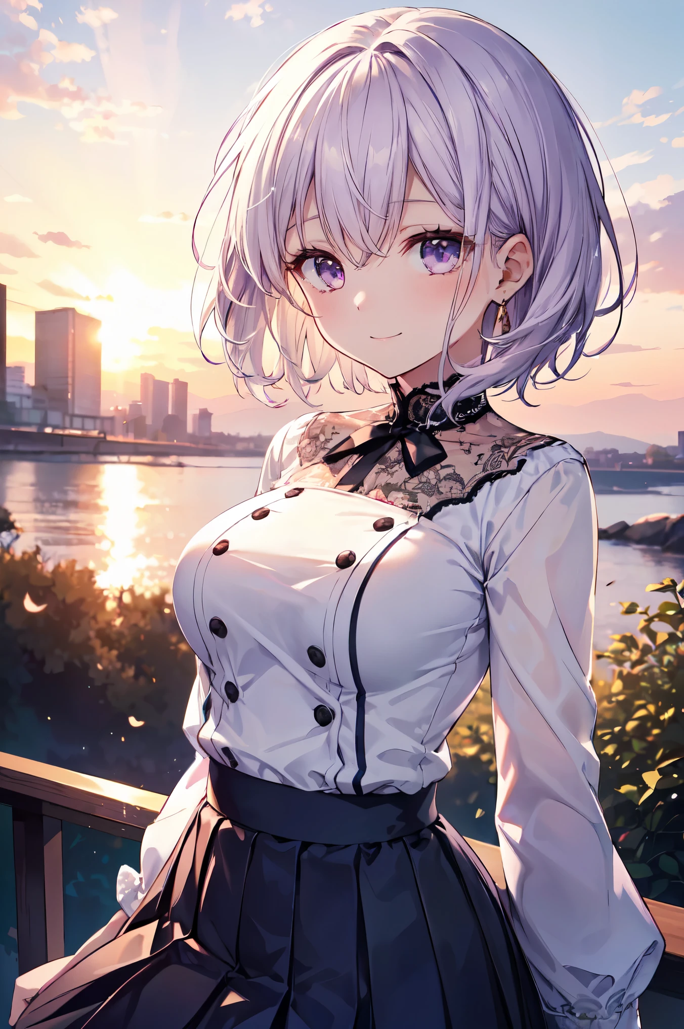 highest quality, Detailed face, One girl, Mid-breasted, smile, Casual clothing, skirt, (Charm, Puffy eyes:1.2), Excellent anatomy, View Viewer, Soft Focus, Golden Hour Lighting, Depth of written boundary, Short Hair, Happy expression, White purple hair, Lace shirt, skirt, Sunset sky