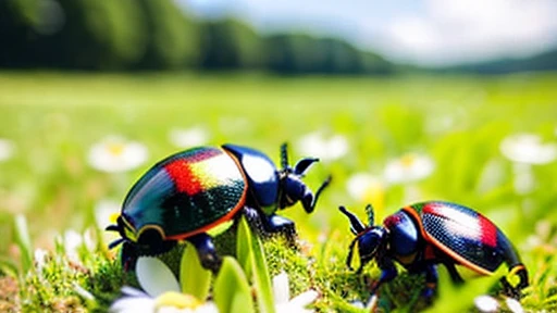 Children playing with beautiful beetles in the grassland、Children playing with beautiful beetles in the grassland、Colorful Mushiking