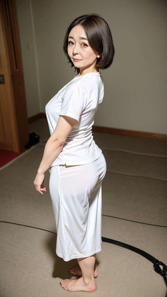 (highest quality、masterpiece、detailed、High resolution、8K、Photorealistic、Sharp focus、High-level image quality)
(Plain background、Professional Lighting、非常にdetailedな、Depth of written boundary)
(Mature Woman、65 years old、Japanese、Beauty、housewife、Aunt、Elegant、美Mature Woman)、
(Full body image、Turn around、look back、Stick your butt out、looking at the camera、Staring at the audience)、
(Big Breasts、K-Cup Bust、Large ??????、????? nipples、,、Huge Ass、Thick thighs、Loose body、Voluptuous body、Thick upper arms)、
(Perfect beautiful face、round face、Small face、Sharp jaw、Big Nose、Slit eyes、Cat-like eyes、Dimples、Wrinkles at the corners of the eyes、Dark circles in the eyes、Clear double eyelids、Nasolabial folds)、
(Anxious expression、A stern glare)、
(White T-shirt、White shorts、Tight Wear、Made from cotton)、
(short hair、Light brown、Rough perm waves、Show your forehead)、
(Exposed Skin、Bra and panties are visible、T-back panties)、