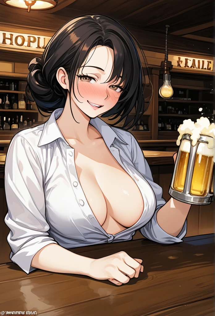 masterpiece, best quality, cowboy shot, mature woman, bob hairstyle, black hair, mature face, hot face, drunk, sharp eyes, medium breasts, curvy body, hazel eyes, unbuttoned white shirt, looking at viewer, very close to viewer, face to face, tough appearance, in the bar, holding beer, sitting across table
 ((looking drunk), 