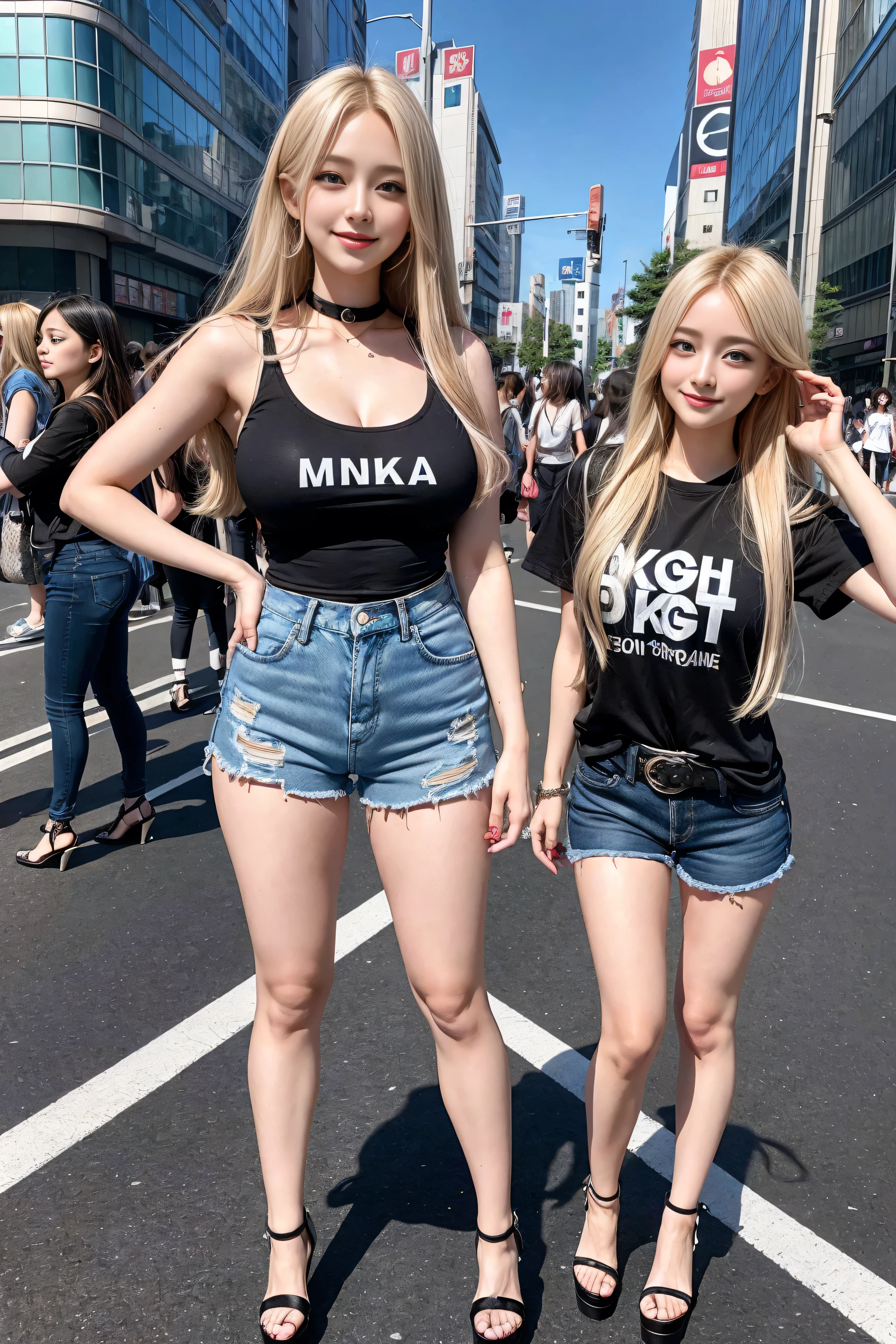 1 girl, (blue eyes), (They are smiling), (In the name of Mina), Wide hips, tetas Large targets, Large target, (Best quality, 8K, masterpiece: 1.3), Perfect hands, Clear focus: 1.2, Perfect body beauty: 1.4, Slim abs: 1.2, Highly detailed face and skin textures, delicate eyes, Double eyelids, (Long blond hair), (Black collar T-shirt), (Denim shorts :1.1), (High heel :1.3), permanent, Dynamic poses, Background Tokyo Shibuya Crossing.