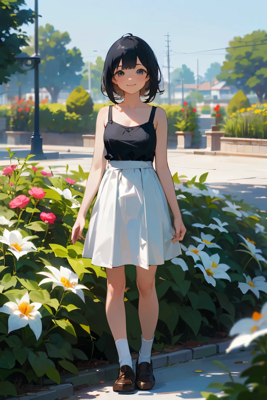 (high quality, High resolution, Very detailed, reality:1.37), Peaceful atmosphere, (Outdoor, garden), age girl standing alone, (my breasts are big.), Beautiful details, Cute Smile, (Black bob hair), Blue camisole dress, socks, loafers.