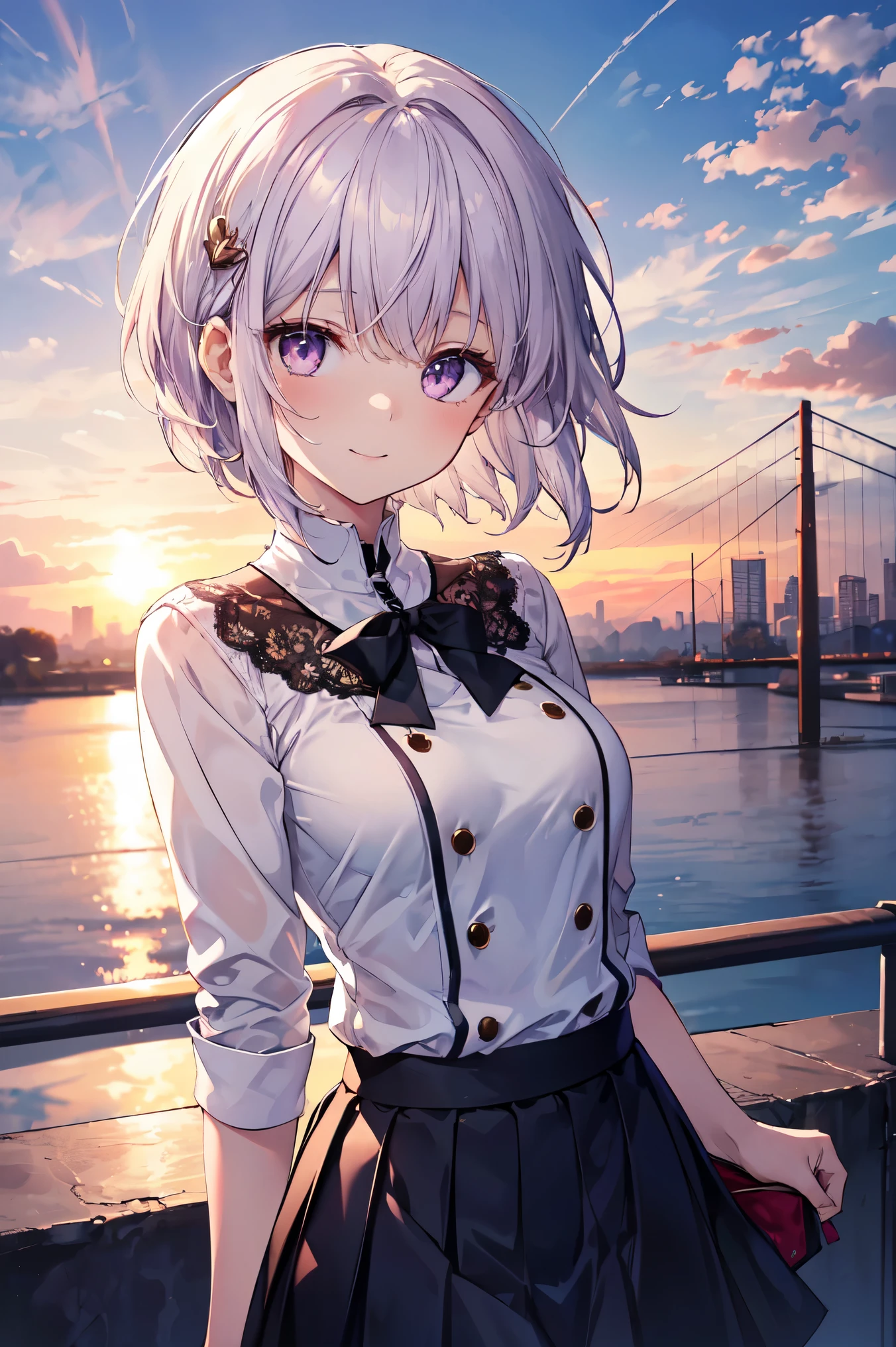 highest quality, Detailed face, One girl, Mid-breasted, smile, Casual clothing, skirt, (Charm, Puffy eyes:1.2), Excellent anatomy, View Viewer, Soft Focus, Golden Hour Lighting, Depth of written boundary, Short Hair, Happy expression, White purple hair, Lace shirt, skirt, Sunset sky