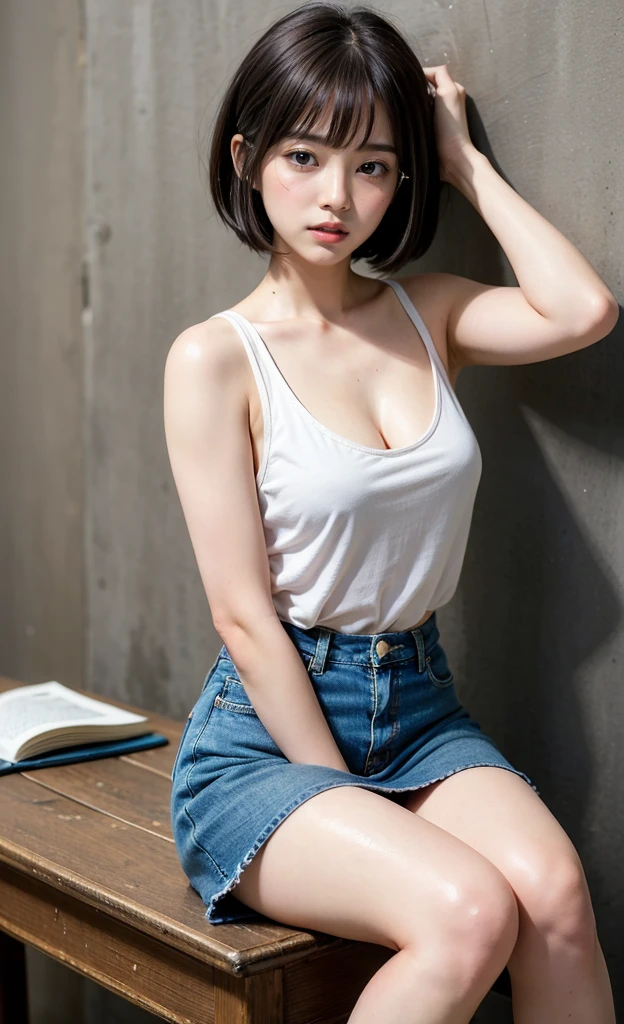 1girl, 18 years old busty woman, shy, eyeglasses, bob_cut, bangs, pink blush, white tank top with thin strap, cleavage, big , small waist, denim, pleaded skirt, thicc_thighs
thighs, legs, knees, perfect fingers, sitting on lamp table, abandoned house, nightime, back against the wall