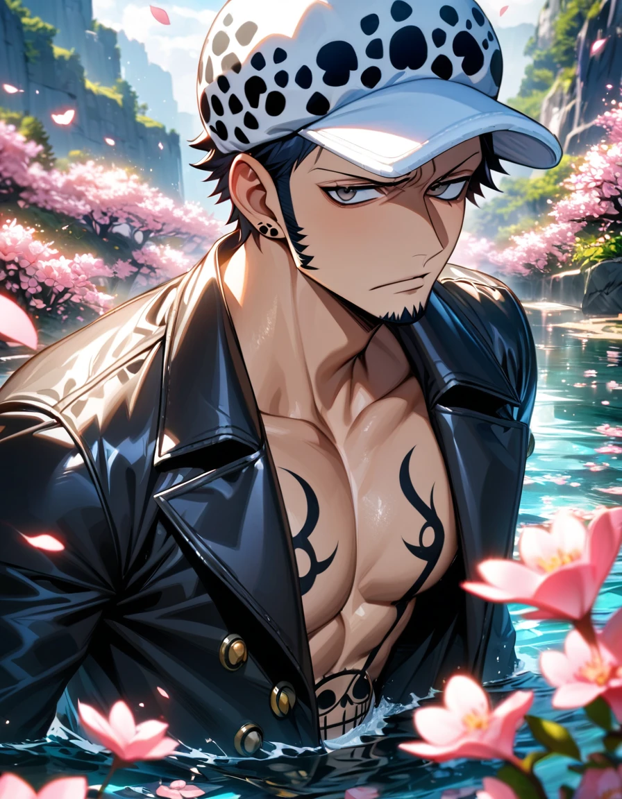absurdres, highres, ultra detailed, HDR, masterpiece, Trafalgar D Water Law, black hair, expressive gray eyes, One Piece, black coat, white hat, solo, sexy man, handsome, water, blossoms, pink butterflies, pink flowers