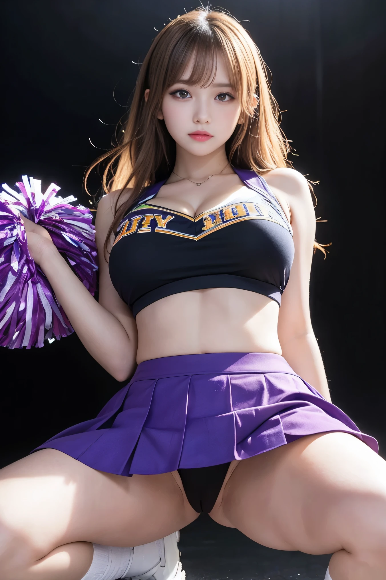(highest quality, Ultra-detailed, High resolution, 8K images),((Cheerleader,skirt,purple thong)),((Squat with your crotch wide spread)), Detailed and beautiful eyes,perfectly proportions,(Overflowing big breasts),(Angle from below that shows the whole body), A very beautiful and cute girl,22 years old,(anime),kamimei, pitch black background,solo,Symmetrical,