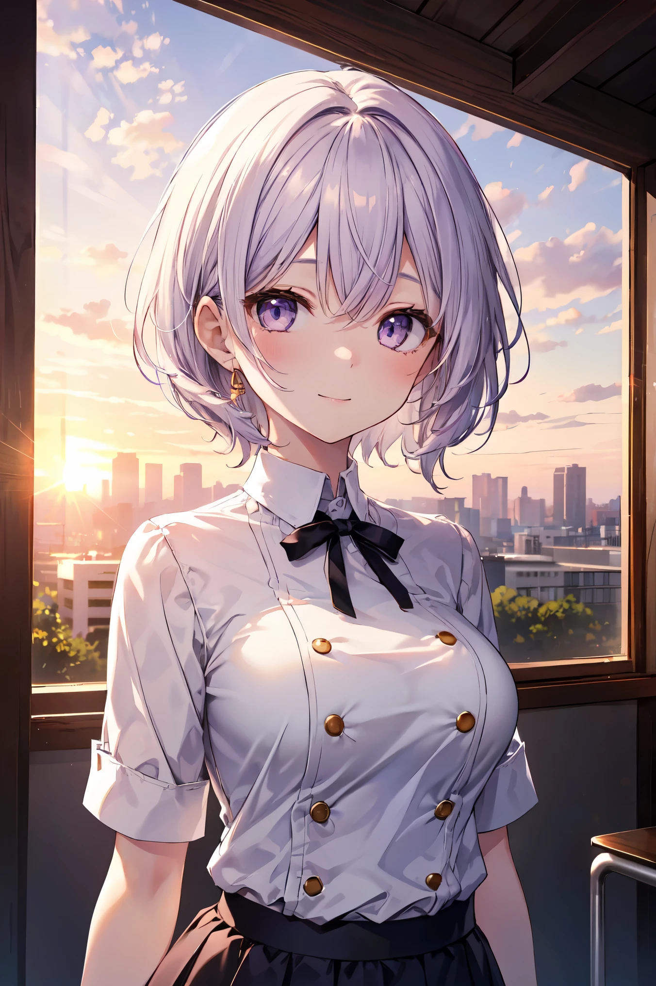 highest quality, Detailed face, One girl, Mid-breasted, smile, Casual clothing, skirt, (Charm, Puffy eyes:1.2), Excellent anatomy, View Viewer, Soft Focus, Golden Hour Lighting, Depth of written boundary, Short Hair, Happy expression, White purple hair, Lace shirt, skirt, Sunset sky