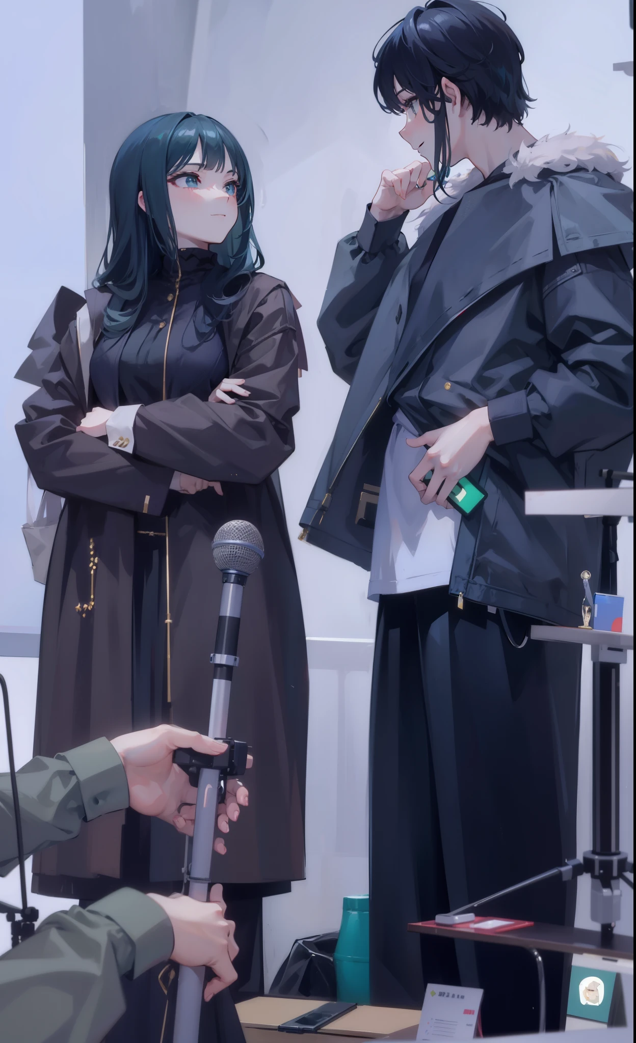 Focus on women, actress, filming, masterpiece, top quality, very beautiful, woman's hair is very green, gentle expression, smiling, acting, taking sound with microphone, man puts the back of his hand on his chin
