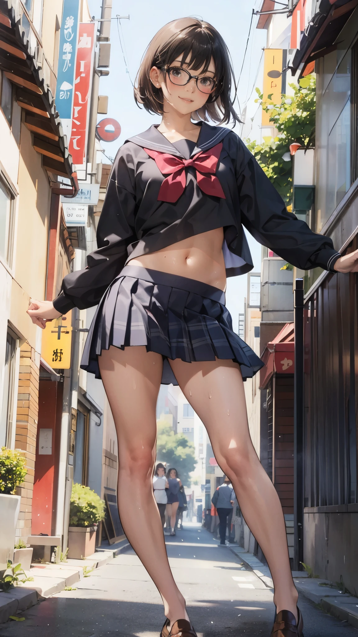 (super flat, flat shading), Honors Type, Really blushing, 17 years old, high school girl, wearing long sleeve shirt and plaid pleated mini skirt, Short bob cut brown hair, Glasses, sweaty healthy body, mesugaki smile, bare legs, loafers, ultra realistic, early morning, breeze skirt lift, (clothes lift:1.2) (navel:1.5), (dynamic pose), in crowded street,