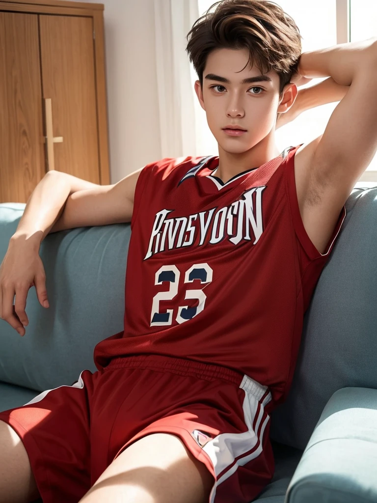 ((Best quality)), ((masterpiece)), (detailed), ((perfect face)), ((halfbody)) perfect proportions ,He is a handsome student, 18 years old, short hair, basketball player, jersey outfit, there is a background of a living room, light brown hair, crimson eyes ((perfect face)) resting on sofa, showing armpit