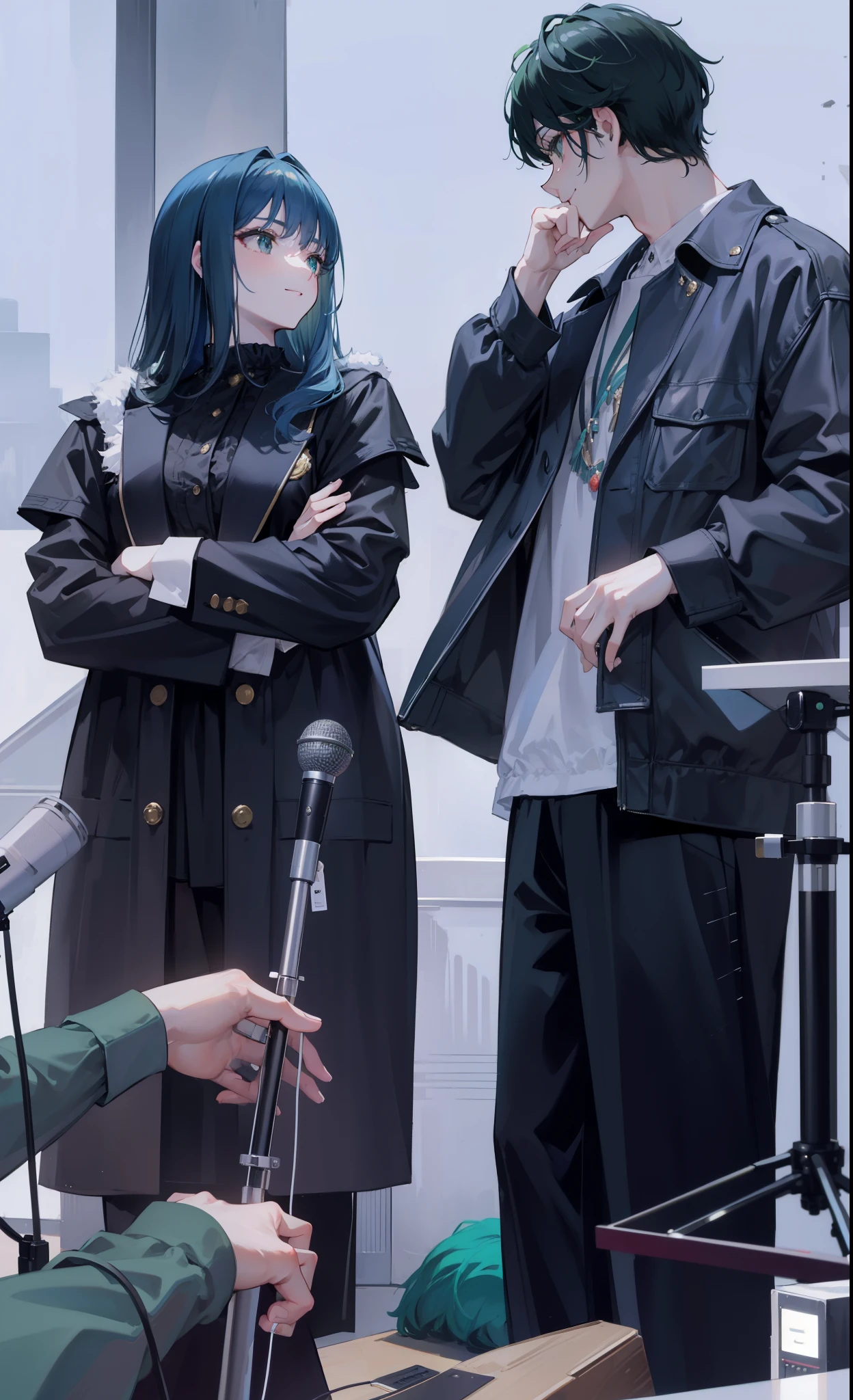 Focus on women, actress, filming, masterpiece, top quality, very beautiful, woman's hair is very green, gentle expression, smiling, acting, taking sound with microphone, man puts the back of his hand on his chin, The tip of the microphone is fluffy, woman's hair is bright green