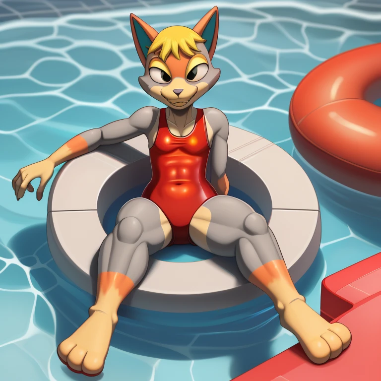 A anthropomorphic grey cat, high quality, crisp, wearing red shorts, wearing red one piece swimsuit, feet in pool, sitting with crossed feet and legs, dude expression, by Creator.ant, by ZalarStudios,