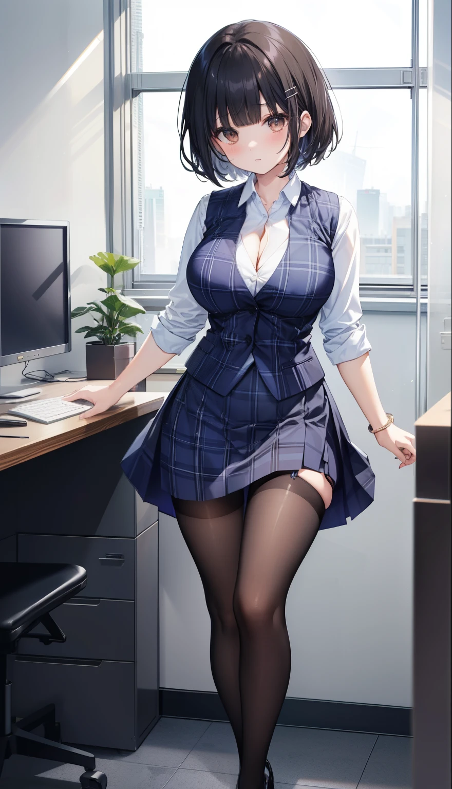 highest quality, Flying debris、Beautiful woman、officeレディー、Black Hair、(Brown eyes、Big Breasts、Blunt bangs)、short hair、チェック柄のダークブルーのofficeスーツ)、new employee,Full Body Shot、Female office lady、break(Dark blue checked vest、White dress shirt、Tight mini skirt in navy blue:1.2)、(Black Pantyhose、garter belt、High heels)、break(office:1.3)、Cleavage、Shirt buttons fly off、