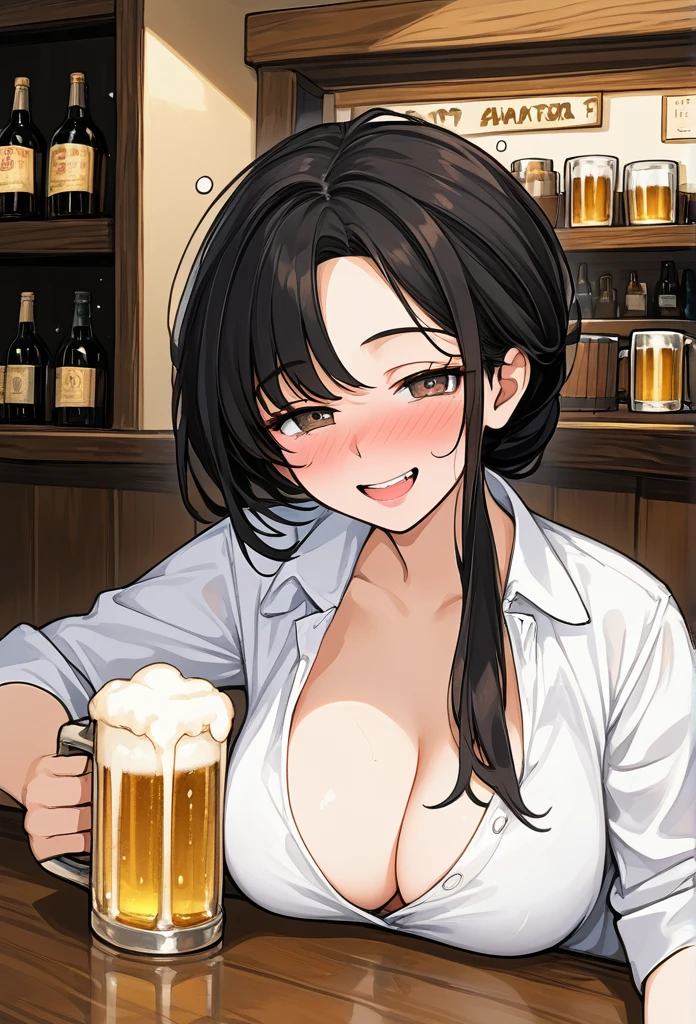 masterpiece, best quality, cowboy shot, mature woman, bob hairstyle, black hair, mature face, hot face, drunk, sharp eyes, medium breasts, curvy body, hazel eyes, unbuttoned white shirt, looking at viewer, very close to viewer, face to face, loose appearance, in the bar, holding beer, sitting across table
((looking drunk),