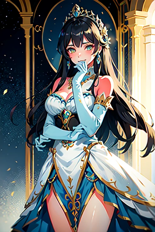 Reina de hielo, hermosa, senos grandes, delgada, vestido elegante, cabello azul celeste, sonrojada, vestido elegante, mujer
