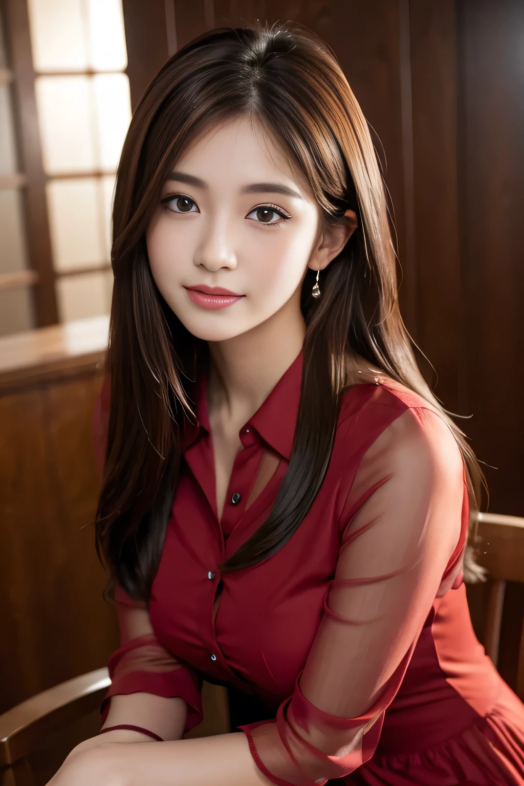 (RAW Photos), (Realistic), (masterpiece), (highest quality), High resolution, 8k, (Intricate details), (Volumetric Light), Portraiture, woman,Age 25, Medium Hair, Straight hair, Mid-chest, Layered Hair, Brown Hair, Very beautiful eyes, Source order, Very thin eyebrows, Very fine skin, Very beautiful mouth, Very nice nose, Cute like an idol, smile, (Thick lips), (Looking at the audience), (See-through dark red collared dress shirt), Above the knee shot