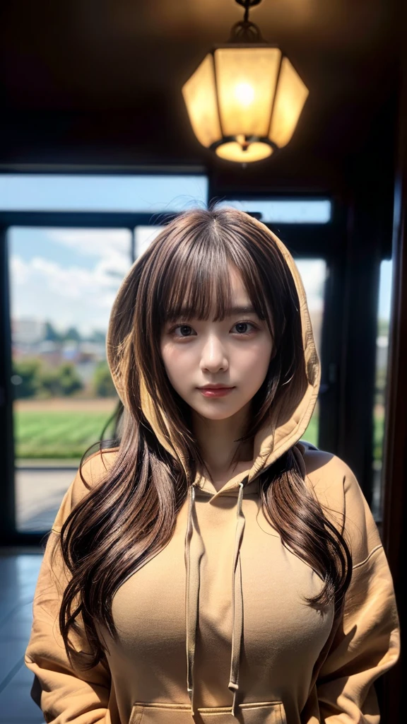 ((top-quality、8K、masterpiece:1.3))、1girl in、Beautiful woman Standing in the house:1.3、(brown long-haired、Colossal tits:1.4)、(Big Silhouette M51 Field Hoodie:1.5)、Super delicate face、Delicat eyes、double eyelid、Close-up of upper body from below