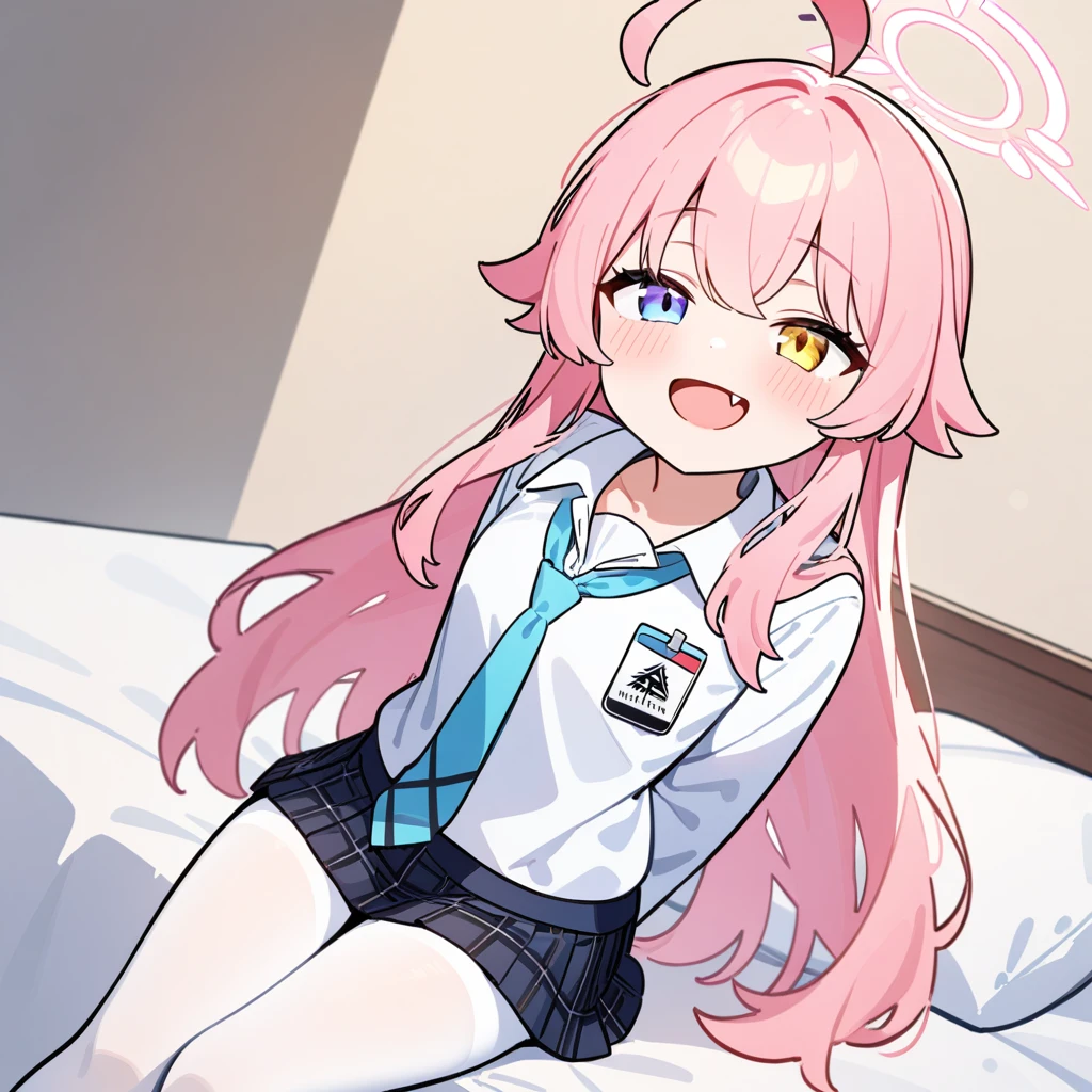 (masterpiece:1.2,high quality),8K,High resolution,A thirteen-year-old girl,cute girl,Takanashi Hoshino(Blue Archive),pink hair,long hair,(yellow and light blue eyes),heterochromia, ahoge,halo,smile,open mouth,laughing,fang out,Sitting on the bed,White shirt,Blue tie,Short skirt,White tights ,white stockings:1.6,primary school student,thigh,alone,((Hands behind your back))
