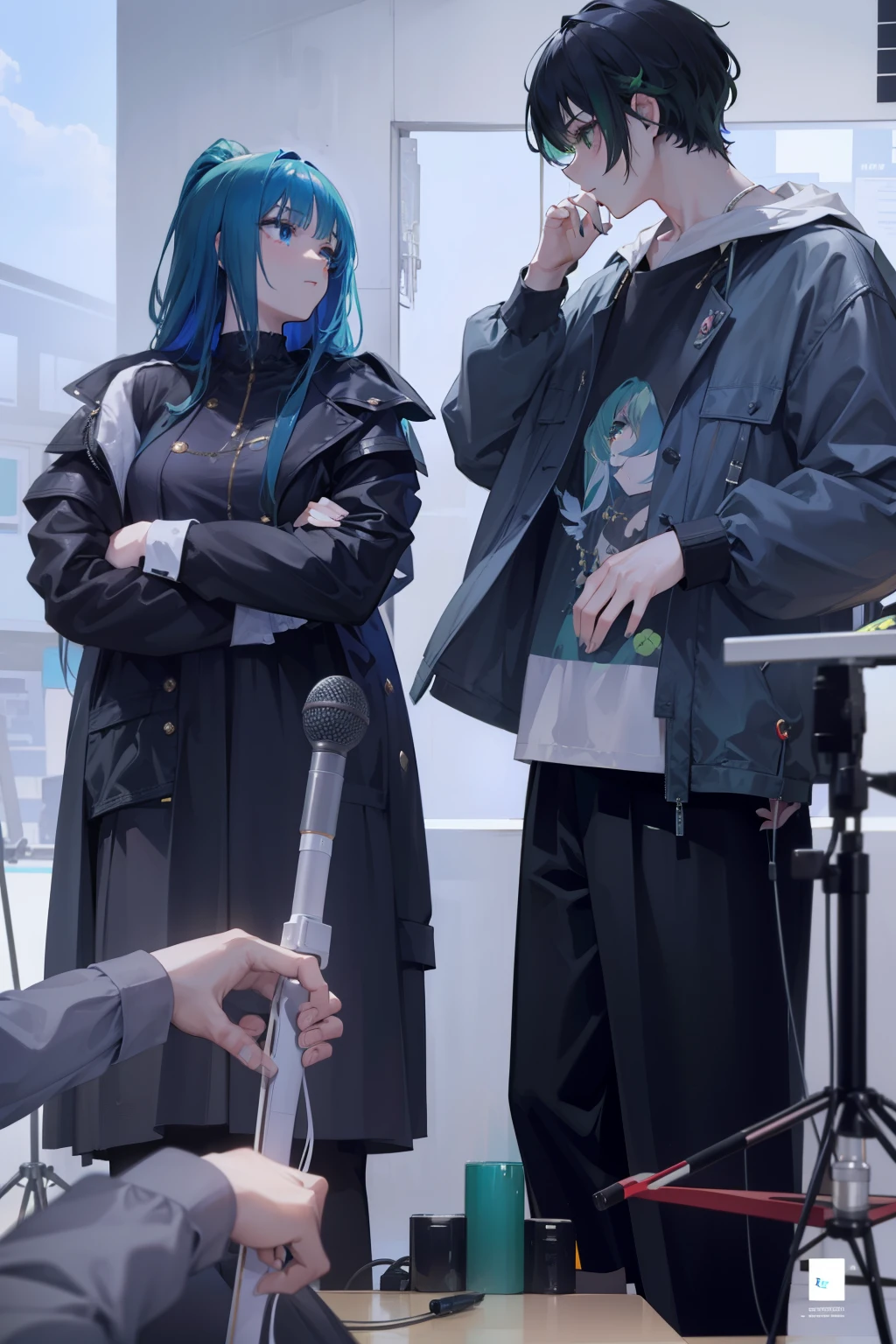 Focus on women, actress, filming, masterpiece, top quality, very beautiful, woman has green hair, gentle, acting, taking sound with microphone, man is using sign language, gentle expression, woman's hair is bright green, voice microphone, The man says in sign language that he is waiting.