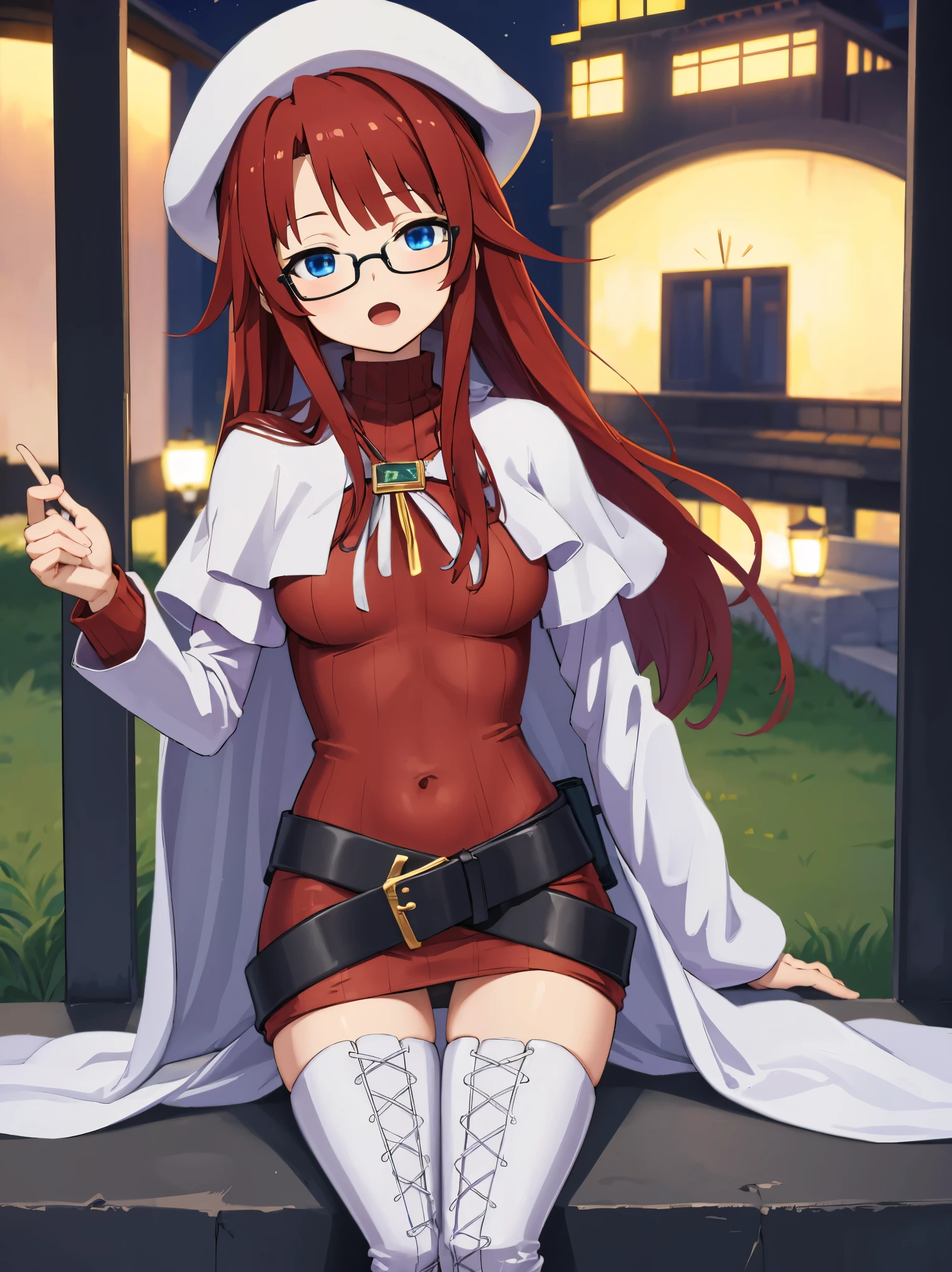 pov,(nsfw:1.2),summonnightaty, aty, (young:1.3),long hair, blue eyes, red hair, large_beret, hat, glasses,
BREAK long hair, thighhighs, hat, dress, boots, glasses, belt, cape, sweater, zettai ryouiki, beret, thigh boots, white footwear, ribbed sweater, loose belt,solo,
BREAK outdoors, fantasy,on_the_ship,on_the_ship's_railing
,
BREAK (masterpiece:1.2), best quality, high resolution, unity 8k wallpaper, (illustration:0.8), (beautiful detailed eyes:1.6), extremely detailed face, perfect lighting, extremely detailed CG, (perfect hands, perfect anatomy),covered_nipples,covered_navel,light_smile ,(half_eyes:1.4),sword,armpit,sleepy,dynamic_sitting,barrel,red_sweater,apart_legs,magical_effect,spread_legs, have_a_book,open_mouth,teacher,