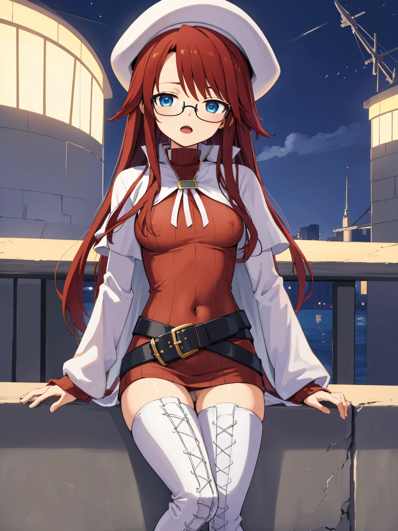 pov,(nsfw:1.2),summonnightaty, aty, (young:1.3),long hair, blue eyes, red hair, large_beret, hat, glasses,
BREAK long hair, thighhighs, hat, dress, boots, glasses, belt, cape, sweater, zettai ryouiki, beret, thigh boots, white footwear, ribbed sweater, loose belt,solo,
BREAK outdoors, fantasy,on_the_ship,on_the_ship's_railing
,
BREAK (masterpiece:1.2), best quality, high resolution, unity 8k wallpaper, (illustration:0.8), (beautiful detailed eyes:1.6), extremely detailed face, perfect lighting, extremely detailed CG, (perfect hands, perfect anatomy),covered_nipples,covered_navel,light_smile ,(half_eyes:1.4),sword,armpit,sleepy,dynamic_sitting,barrel,red_sweater,apart_legs,magical_effect,spread_legs, have_a_book,open_mouth,teacher,