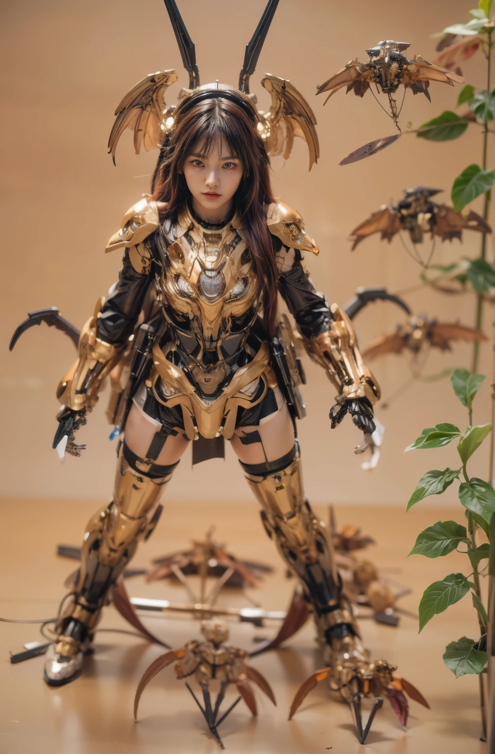 (top-quality:1.2, masterpiece)、ultra high resolution、extremely ultra surrealism, (Photorealsitic:1.4)、Raw photo、(Steampunk Battle Cyborg fallen angel)、(large mechanical bat wings)、black porcelain body、red hair、glowy skin、1 Cyborg girl、(mechanical frame:1.3)japanese, extremely cute face, ((super realistic details))、portrait、globalillumination、Shadow、octan render、8K、ultrasharp、character edge light、Details of complex ornaments、Acrylic Clear Cover、Sumerian details、Hydraulic cylinder、Small LED lamp、highly intricate detail、Realistic light、a purple eye、radiant eyes、Facing the camera、neon details、cowboy shot、Futuristic headgear、About Cyberpunk