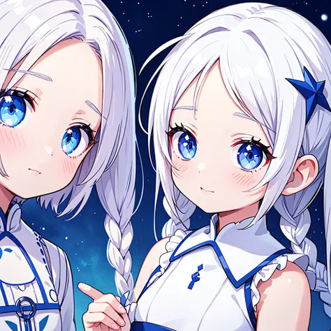 best quality, masutepiece,white hair, blue eyes,white clothes, looking up, upper body,strands of hair,fair skin,side braids、eye ...