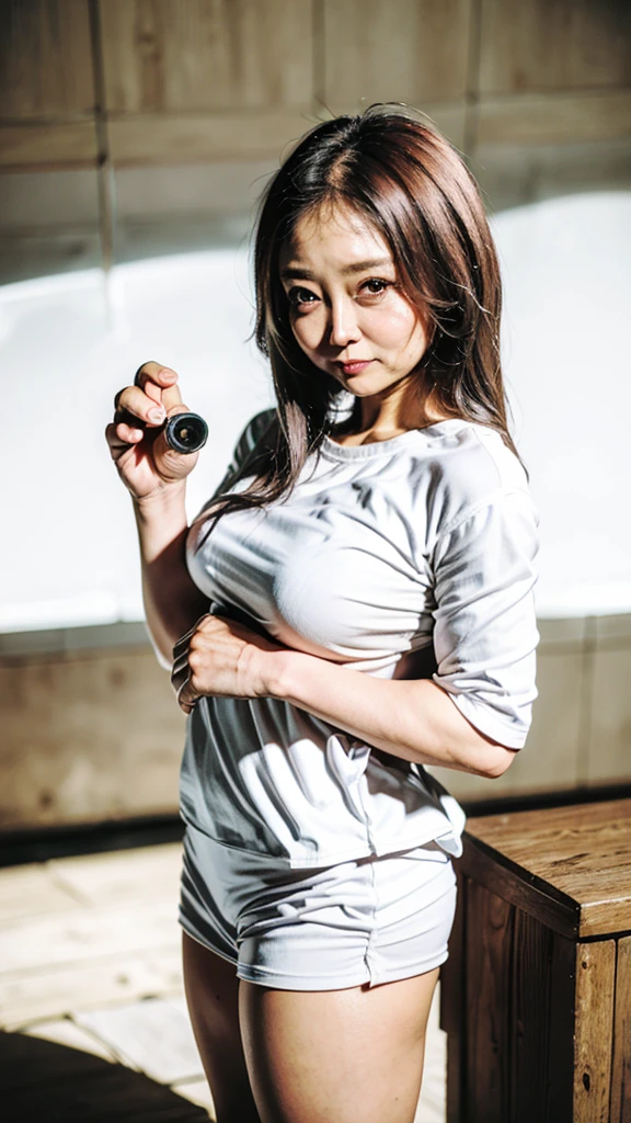 (highest quality、masterpiece、detailed、High resolution、8K、Photorealistic、Sharp focus、High-level image quality)
(Plain background、Professional Lighting、非常にdetailedな、Depth of written boundary)
(Mature Woman、65 years old、Japanese、Beauty、housewife、Aunt、Elegant、美Mature Woman)、
(Full body image、Turn around、look back、Stick your butt out、looking at the camera、Staring at the audience)、
(Big Breasts、K-Cup Bust、Large areola、Erect nipples、,、Huge Ass、Thick thighs、Loose body、Voluptuous body、Thick upper arms)、
(Perfect beautiful face、round face、Small face、Sharp jaw、Big Nose、Slit eyes、Cat-like eyes、Dimples、Wrinkles at the corners of the eyes、Dark circles in the eyes、Clear double eyelids、Nasolabial folds)、
(Anxious expression、A stern glare)、
(White T-shirt、White shorts、Tight Wear、Made from cotton)、
(short hair、Light brown、Rough perm waves、Show your forehead)、
(Exposed Skin、Bra and panties are visible、T-back panties、I can see the crack of your ass)、