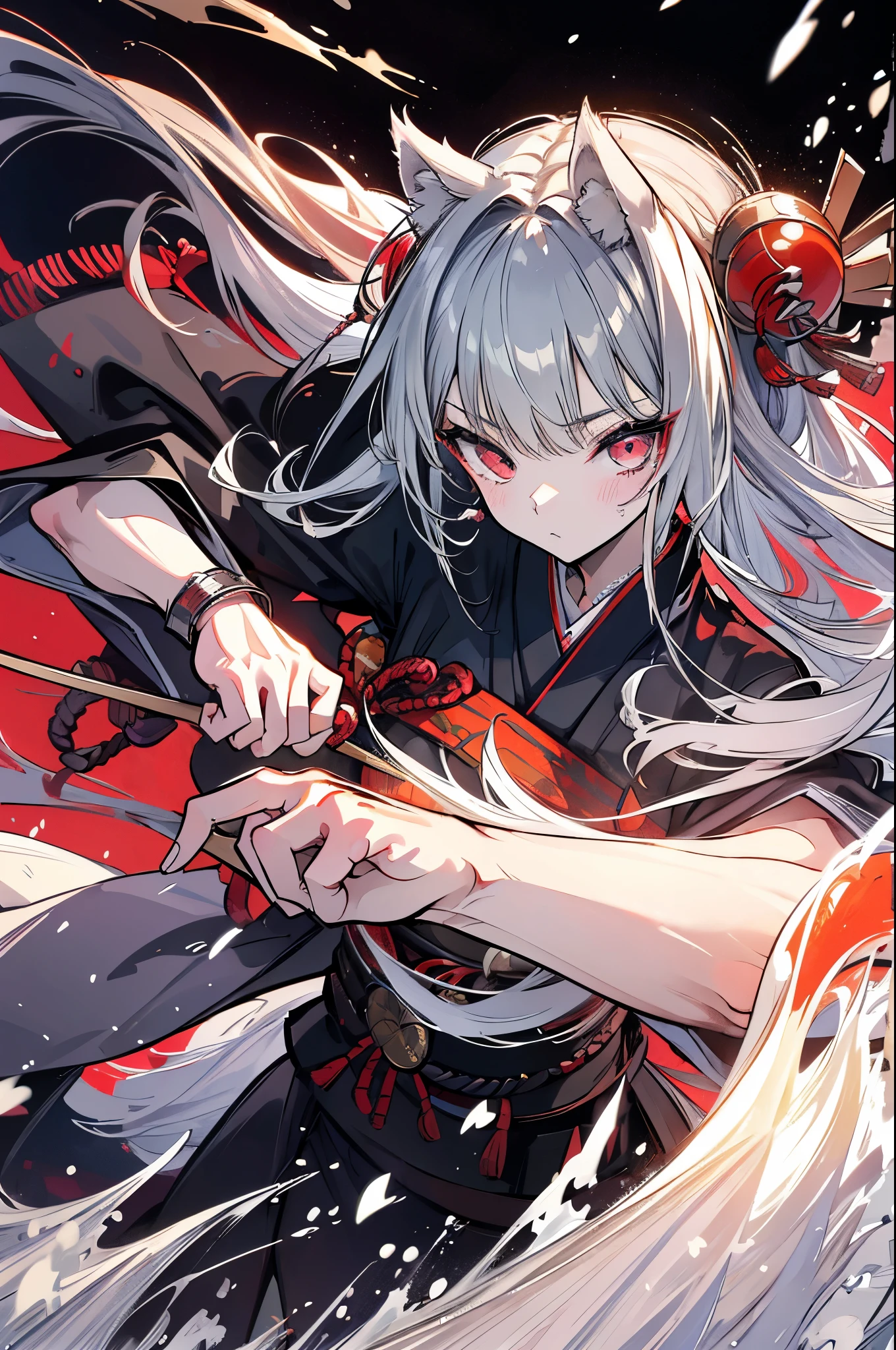 high quality, Wolf Ears,Black kimono,Gray Hair,Long Hair, Seductive red eyes,Cool,Japanese Style,battle,martial arts,fist,fistのbattle,Moving Pictures,battlefield,karate,截fist道,fistを構える,Fighting