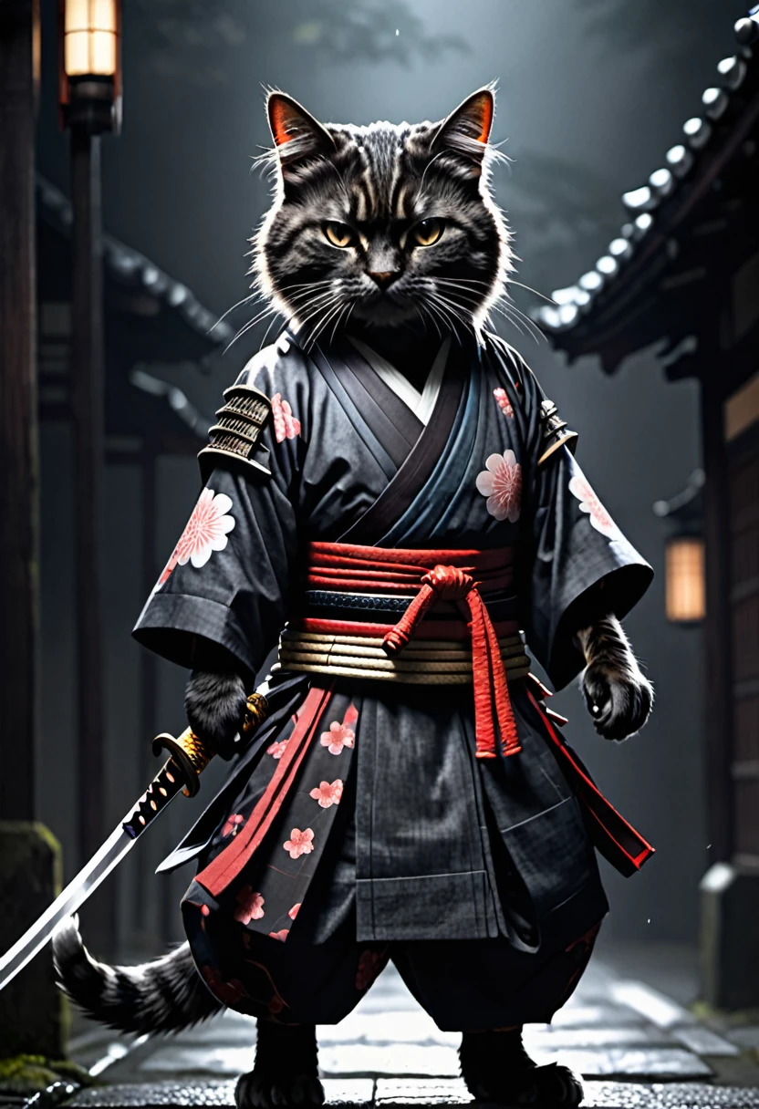 A samurai-style cat carrying a Japanese sword on his hip、2D、Dark atmosphere