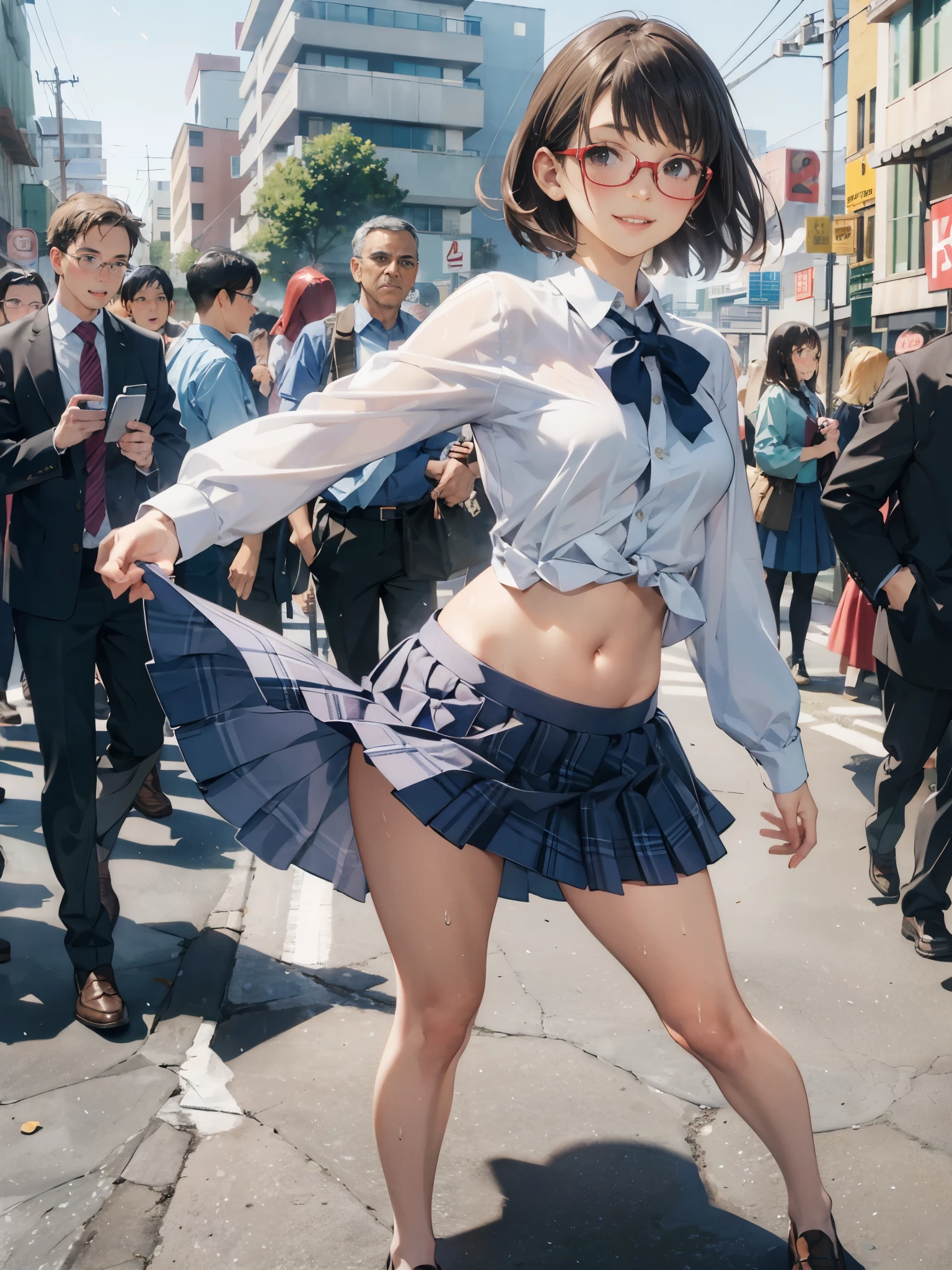 (super flat, flat shading), Honors Type, Really blushing, 17 years old, high school girl, wearing long sleeve shirt and plaid pleated mini skirt, Short bob cut brown hair, Glasses, sweaty healthy body, mesugaki smile, bare legs, loafers, ultra realistic, early morning, breeze skirt lift, (clothes lift:1.2) (navel:1.5), (dynamic pose), in crowded street,