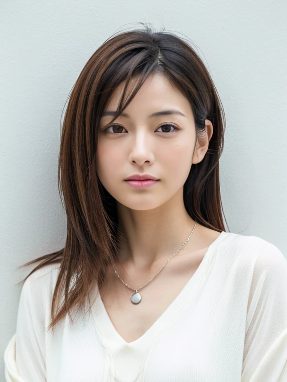 (Highly realistic photos, High resolution, Detailed face, Fine Eyes), ((Photographed in front of a white wall))、Japanese women, Age 35, various expressions, alone:1, Slim figure, Various Hair Styles, Casual clothing, There is only one person in the photo、Long sleeve dress、Photographed in natural light、Simple Necklace、Spring Clothes、Don'Don't look at the camera、profile、Brown Hair Color、Curly Hair、Long style、indoor、Perm