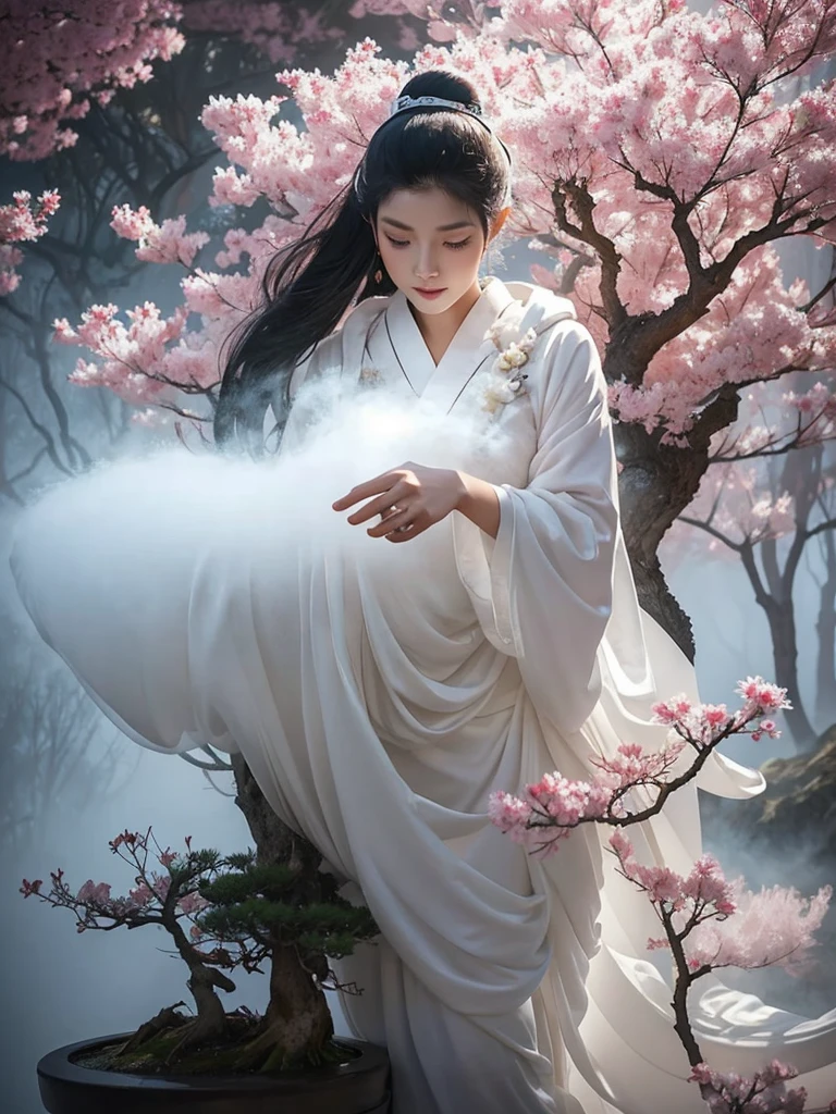 "A geisha dressed in white in a sprawling dreamscape of surreal bonsai Wonderland characters turning into a dreamy fog. Lee Bogle."