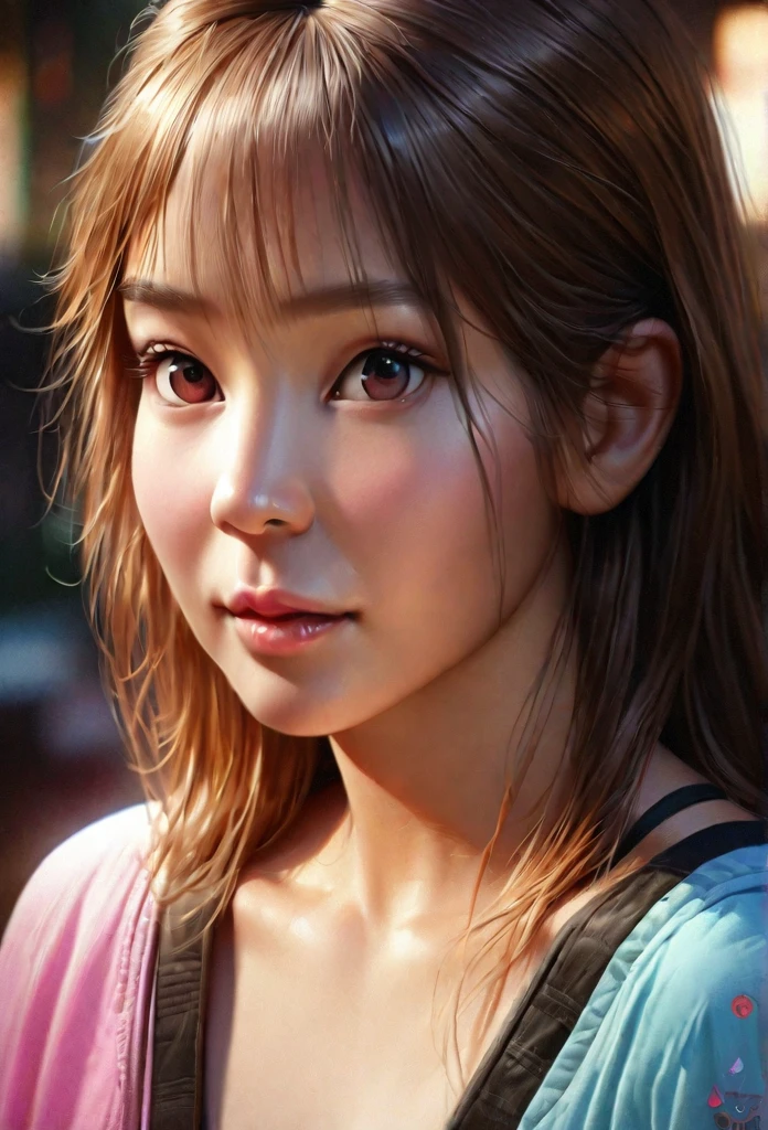 (best quality,4k,8k,highres,masterpiece:1.2),ultra-detailed,(realistic,photorealistic,photo-realistic:1.37),young girl,brown hair,big eyes,cute-fine face,big bosom,beautiful Japan girl face,cute pretty girl,beauty,portrait,soft lighting,colorful tone