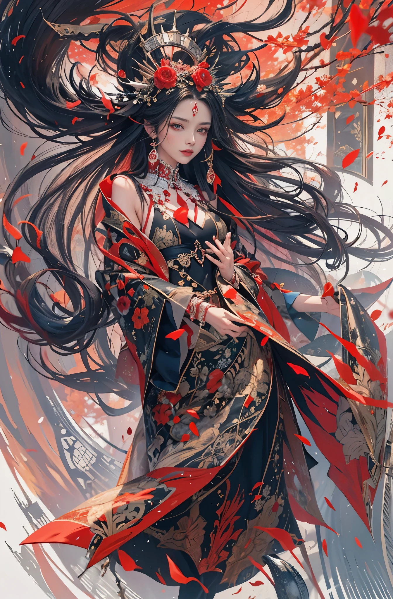 Red shades, A painting of a beautiful and seductive demon woman, Muromachi Fantasy, pretty much beautiful face, spirits'strength of, A beautiful demon with long black hair, Beautiful and stylish kimono, A demon queen with great supernatural powers, Oiran, geisha, A profusion of flowers, Beautiful flowers blooming behind, Glamorous and luxurious, Five-fingered hands, Mohrbach. Unreal Engine, Mohrbach'Artistic style, Peter Mohrbach artstyle, Ultra-fine paintings by Yan J.., Artstation Contest Winner, Fantasy art, カロル・バクとPeter Mohrbach, Mohrbach'Artistic style, highest quality, The perfect angle, Perfect composition, Best Shot, Official Art, Cinematic Light, Figurative art, Beautiful and expressive paintings, Beautiful artwork illustration, wonderful, Cool Beauty, clear, Muromachi Fantasy, Mysterious, Mysterious, highest quality, Official Art, Very clear and detailed painting style, Beautiful painting art, Perfect light, Perfect composition, The perfect angle, Perfect subject, Best Shot, Extremely delicate and detailed painting style, women only, Sharp contours, pretty much beautiful face, Sharp eyes with slit length, Delicate and beautiful eyes, demon of kyoto, Lord of the Demons, Beautiful demon queen, Hundreds of ghosts appear at night, Full Body Tattoo