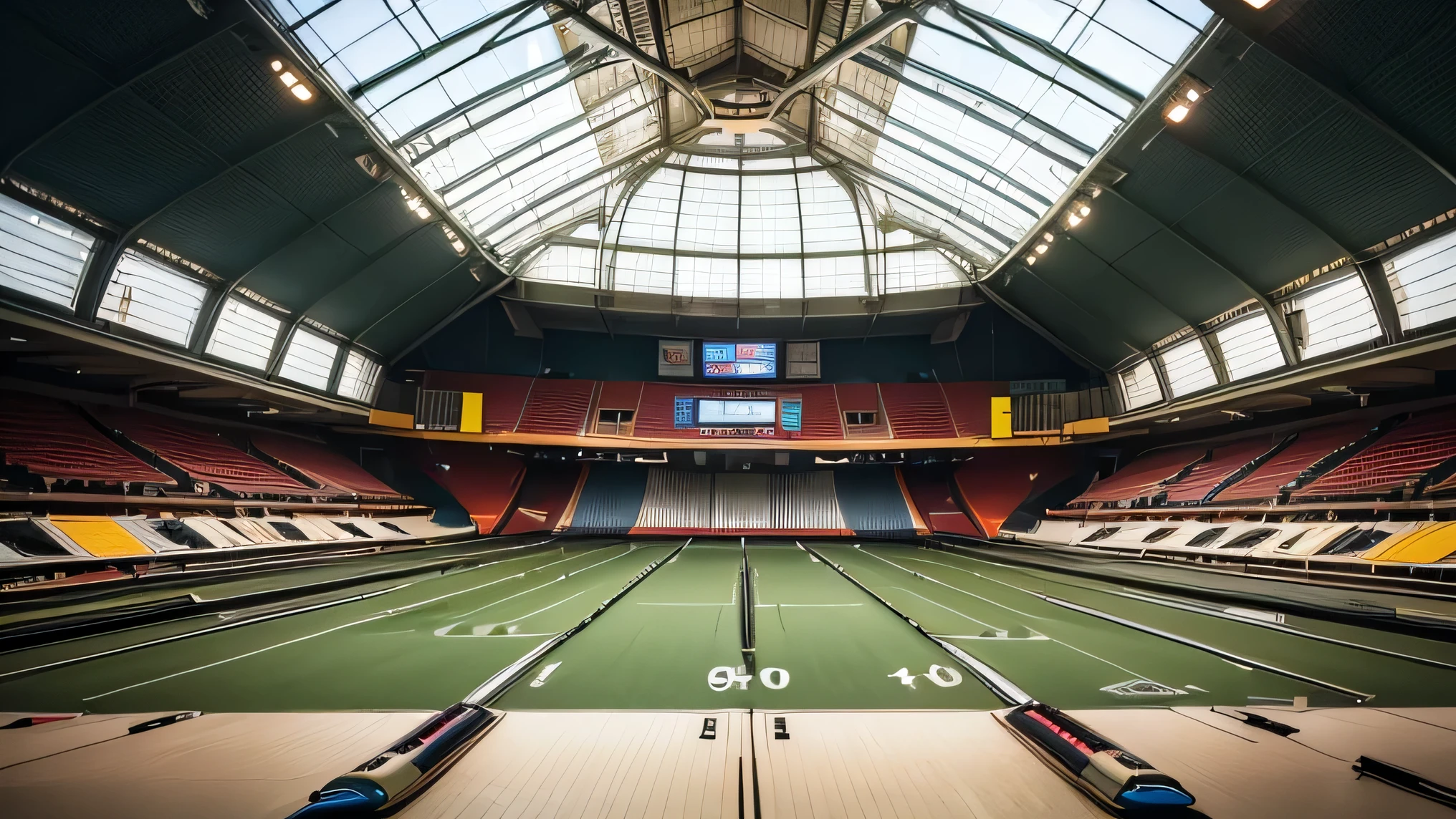 (best quality,8k,ultra-detailed,highres,masterpiece:1.2),detailed lighting,detailed shadows,bright ceiling,dome stadium,bowling alley,50 lanes with narrow bowling lane,visible bowling pins in the background,strike mark on the electronic scoreboard,pop, vibrant colors, resort,visible bowlers.