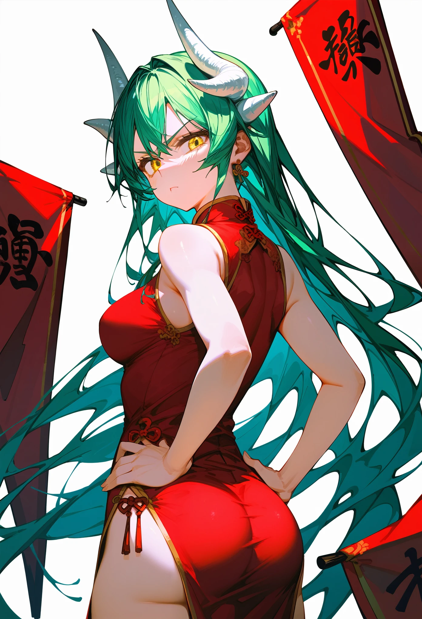 Masterpiece, score_9, score_8_up, score_7_up, from behind, 1girl, solo, green hair, long hair, yellow eyes, horns, white horns, medium breasts, Chinese dress, red dress, cheongsam, sleeveless, pelvic curtain, standing, hand on hip, looking at viewer, neutral, serious, upper body, behind view, curvy, white background, simple background, best quality