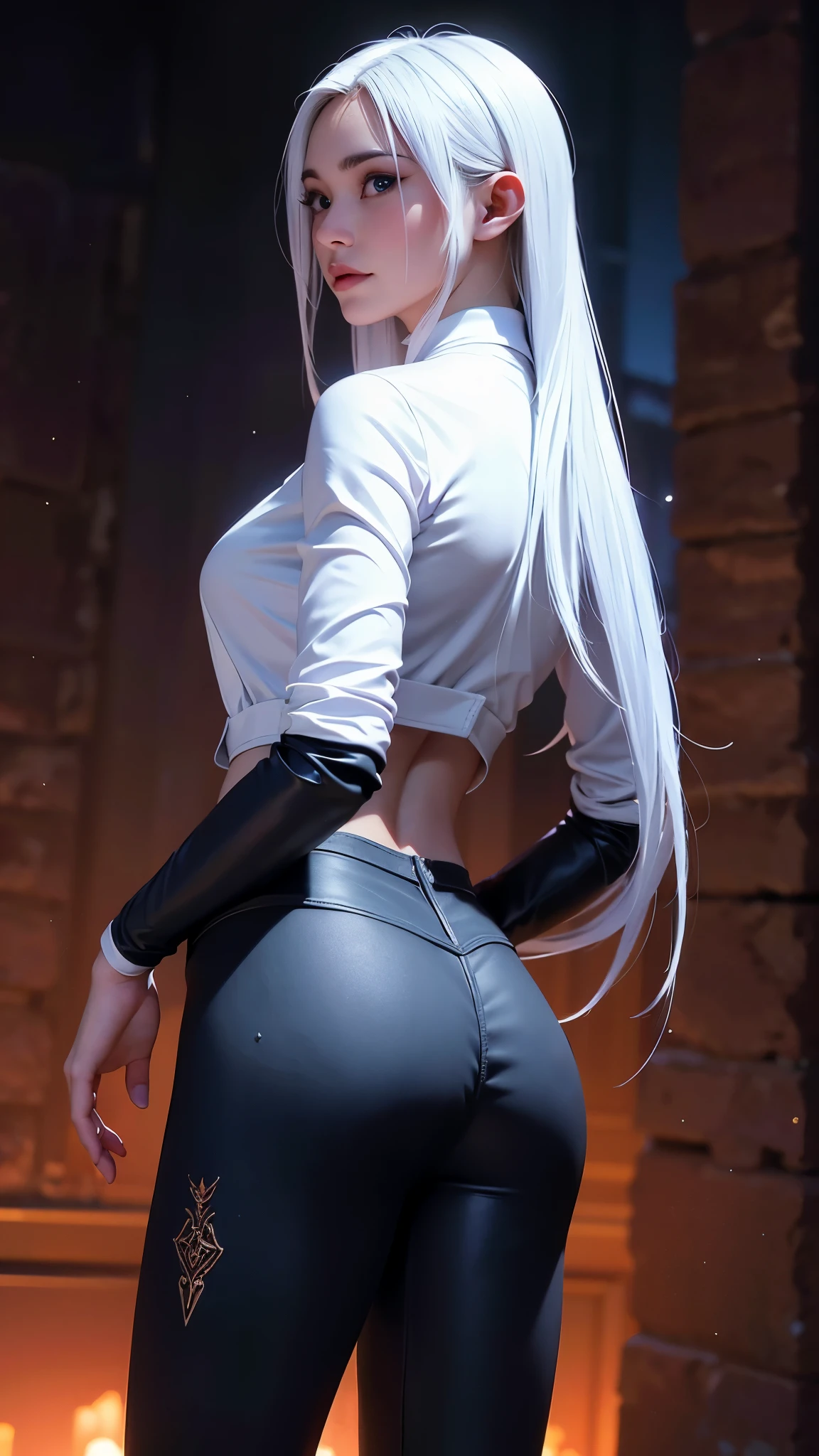 (1 mulher), (Sozinho), maduro, cabelo preto profundo, Cabelo ondulado, cabelo curto, Pale skin, camisa preta cortada,( jaqueta deportivo white :1.4) , corpo muscular, average , tatuagens, (leggings white profundo rasgado :1.4) ,(cabello white canoso :1.4), sorriso arrogante, cicatrizes no rostro, More detailed 8K.motor irreal:1.4,UHD,La mejor calidad:1.4, fotorrealista:1.4, textura de la piel:1.4, obra maestra:1.8,obra-prima, mejor calidad,objeto Objeto], (detailed face features:1.3),(Las proporciones correctas),(Ojos hermosos azules:1.4 ),  (pose vaquero), ,(Fondo de ruinas de mazmorra en ruinas:1.4 ), (medias blancas brillantes/pantys:1.4),(perfect anatomy :1.4), (rear view, backside view), (tiene un culo hermoso) 