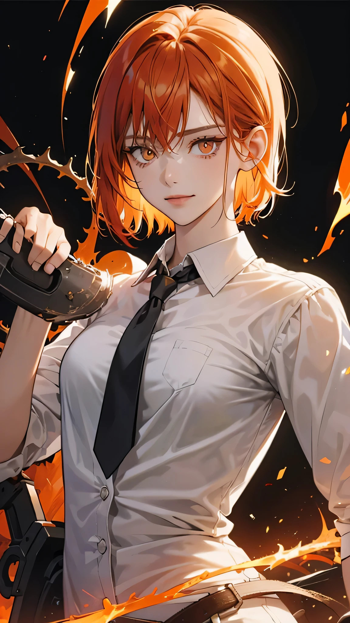 hand (Chainsaw Man), highest quality, Super detailed, One girl, alone, Are standing, Redhead, short hair, Golden Eyes, bangs, Medium chest, White shirt, tie, stare, smile, (evil:1.2), View Viewer, (interview:1.3), (Dark Background), From below, Sharp contrast , Gorgeous fine details, concentrated , Close-up shot , Orange glowing eyes,Front view