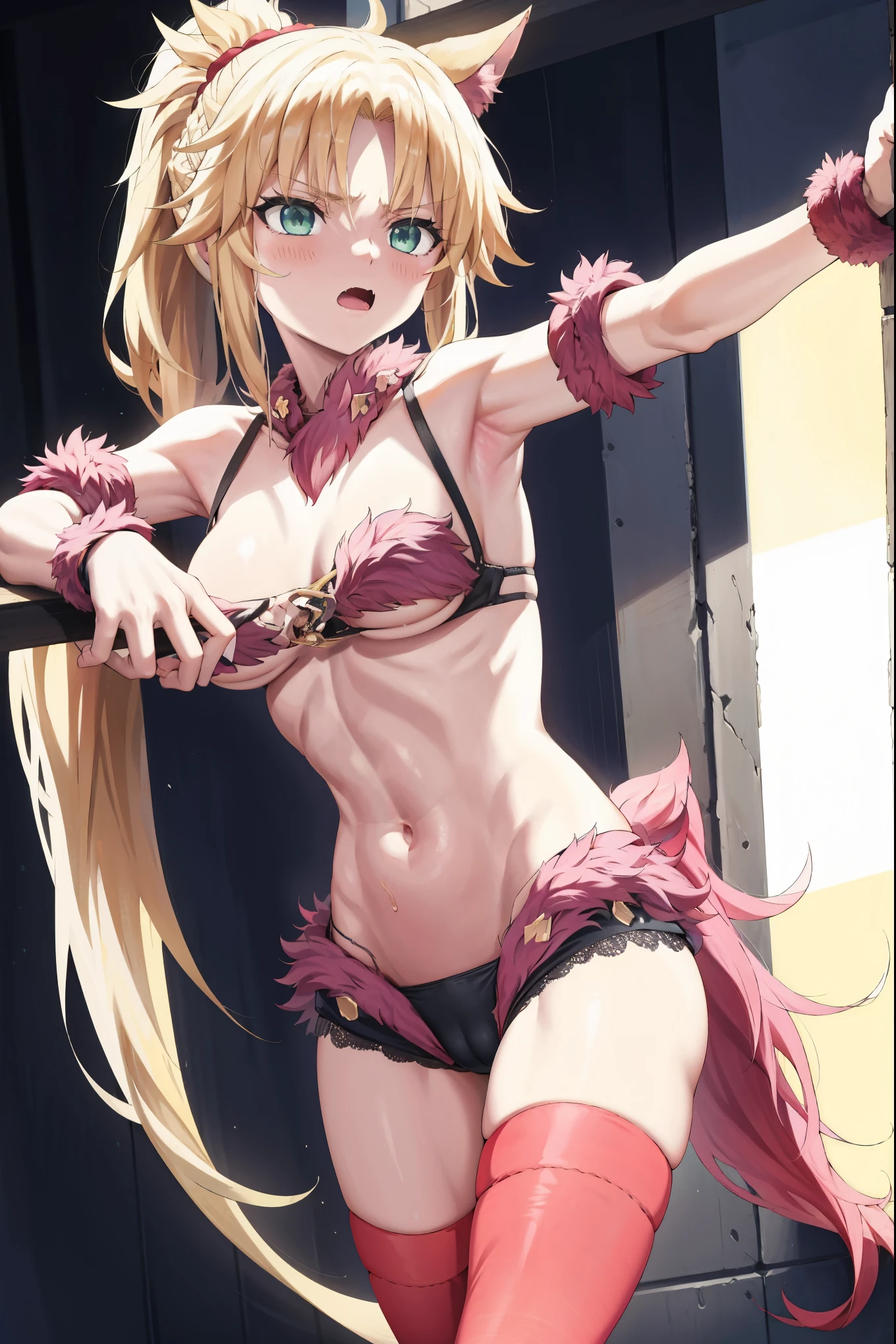 Masterpiece, Best Quality, illustration, city street, 1girl, Mordred \(fate\), cowboy shot, collarbone, Detailed blond hair ponytail braid, green eyes,, denim shorts,navel,thigh-high, covered_pussy,skiny,long_sword,apart_legs,dangerousbeast,elbow_gloves,
,wolf_tail,wolf_ears,fang,happy,shy,spread_legs,clow_pose,armpits,
