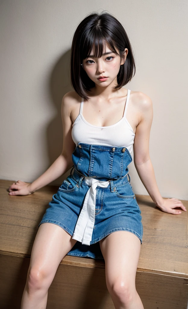 1girl, 18 years old busty woman, shy, eyeglasses, black pink hair, bob_cut, bangs, pink blush, white tank top with thin strap, cleavage, big , small waist, denim, pleated skirt, thicc_thighs
thighs, legs, knees, sneakers, perfect fingers, sitting on lamp table, abandoned house, nightime, back against the wall