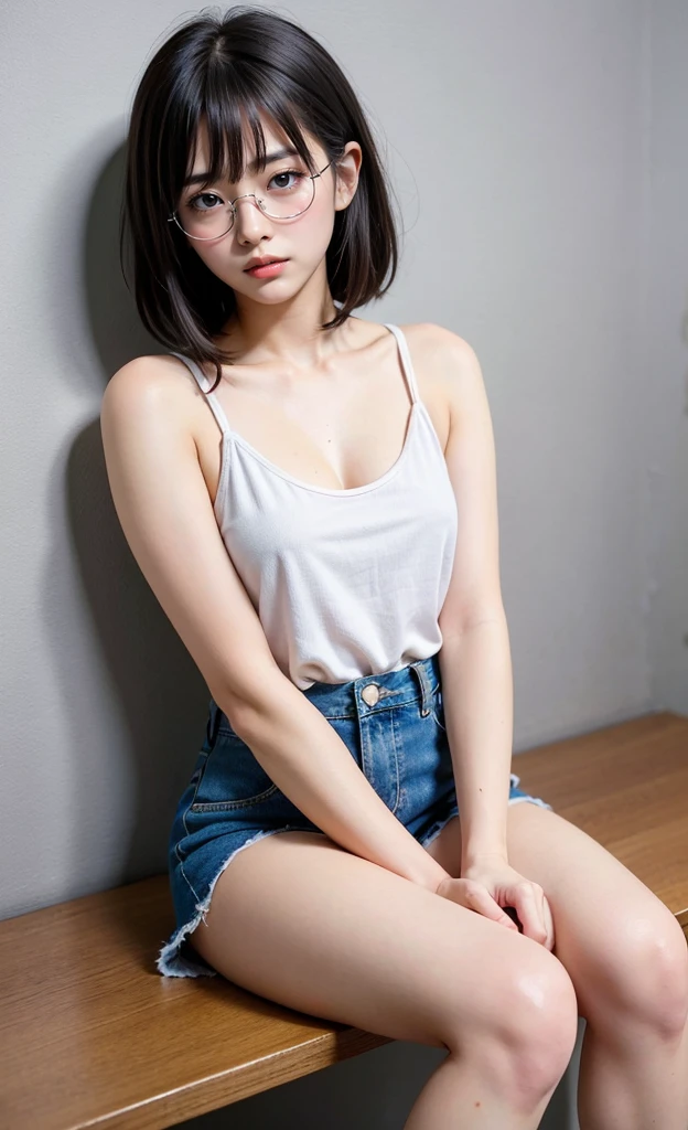 1girl, 18 years old busty woman, shy, eyeglasses, black pink hair, bob_cut, bangs, pink blush, white tank top with thin strap, cleavage, big , small waist, denim, pleated skirt, thicc_thighs
thighs, legs, knees, sneakers, perfect fingers, sitting on lamp table, abandoned house, nightime, back against the wall