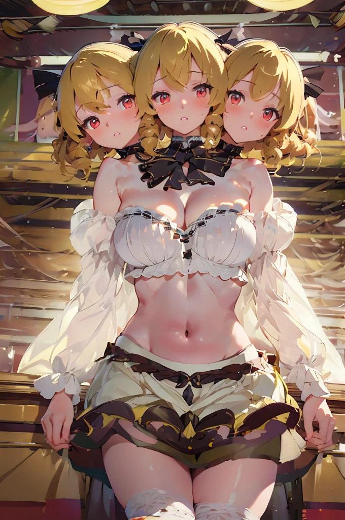 (masterpiece, best quality), best quality, (ultra-detailed), (3heads:1.5), 1girl, (luna child:1.3), masterpiece, top best quality, ultra quality, ultra resolution, ultra detail, white and black top, crop top, ((stomach)), midriff, ((groin)), white and black skirt, normal ears, shackles, yellow hair, very long hair, wavy hair, six princess curls, red eyes, very detailed eyes, parted lips, fairy wings, sweat, cute, toned belly, hand on own chest, eyelashes, (24 year old woman:1.3), (masterpiece:1.5), (best quality:1.5), (beautiful detailed), extremely detailed CG, extremely delicate and beautiful, depth of field, (finely detailed face), (perfect details:1.3), (mature female:1.3), wide pelvis, slender, large veiny breast, 16k resolution, highres, high quality, high definition, extremely detailed, masterpiece, yellow hair, long hair, alluring presence, braid, short skirt, close up, big tits, young, pair of wings,